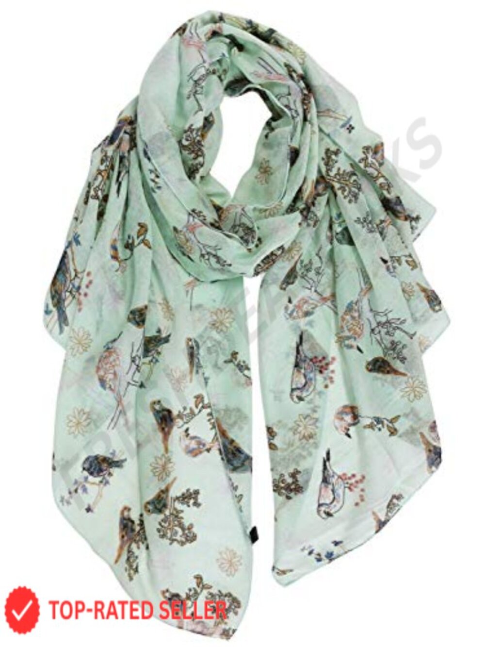 Lightweight Polyester Cotton Voile Feel Long Scarf Floral Bird Print